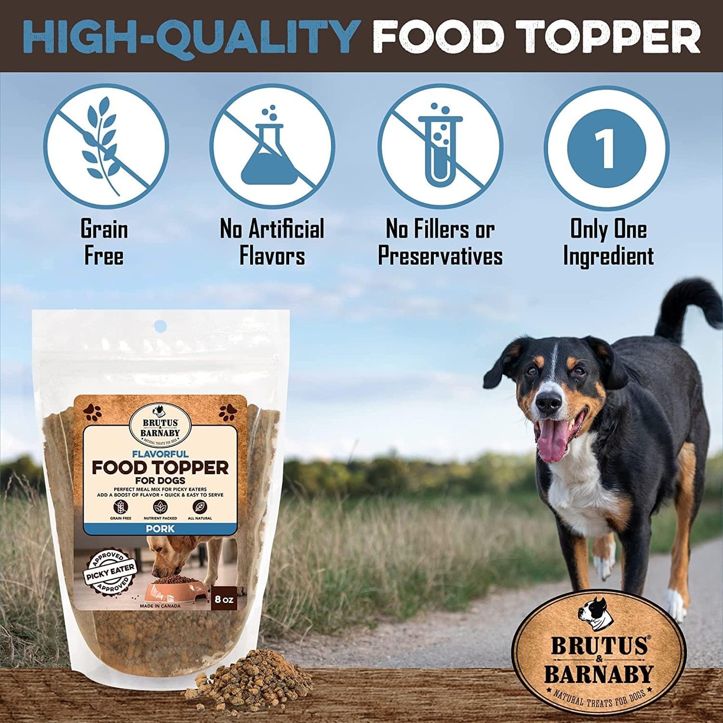 BRUTUS & BARNABY Dog Food Topper - Pork - Enhance Your Dogs Kibble with This Bacon Flavor Packed Mix - Sprinkle On Dog Food Flavoring for Picky Eaters - Just One Single Ingredient
