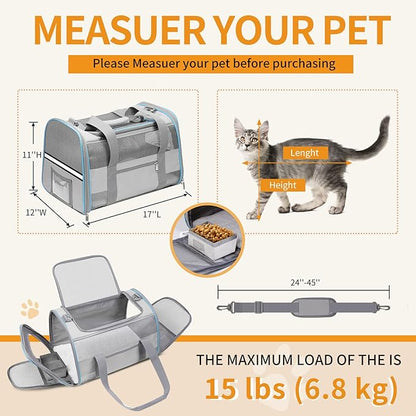 Cat Carrier Dog Carrier TSA Airline Approved for Small Dogs Cats Under 15 lbs, Collapsible Soft Sided Travel Pet Carrier for Puppy Kitten, Light Grey