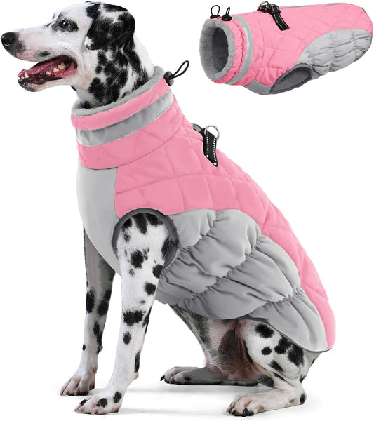 AOFITEE Dog Coat, Warm Dog Jackets for Large Dogs, Reflective Turtleneck Dogs Winter Coat with Harness Built in, Waterproof Windproof Pet Snow Jacket Fleece Vest for Cold Weather, Pink XXL