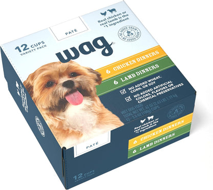 Amazon Brand – Wag Wet Dog Food Cups, Variety Packs Chicken & Lamb Pate, 3.5oz (12 Pack)