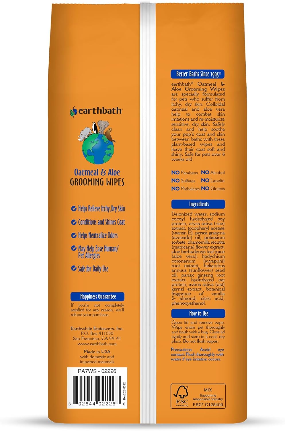 earthbath, Oatmeal & Aloe Grooming Wipes - Dog Wipes for Paws and Butt, Pet Wipes for Dogs & Cats, Helps Relieve Itchy & Dry Skin, Made in USA, Cruelty-Free - Vanilla & Almond 100 Count (2 Pack)