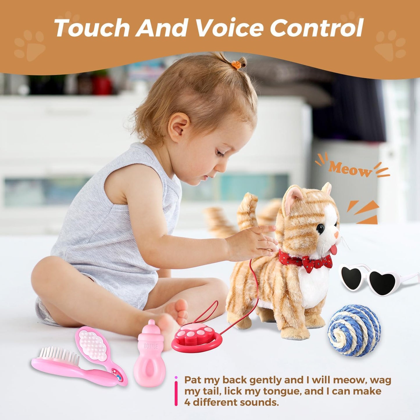 Yellow Pattern Leash Walking Cat Set Interactive Talking Toy Singing Dancing Kitten Mimicking Repeat What You Say Kitty Touch and Voice Control Nodding Wagging Tail Plush Electric Robot for Kid Girl