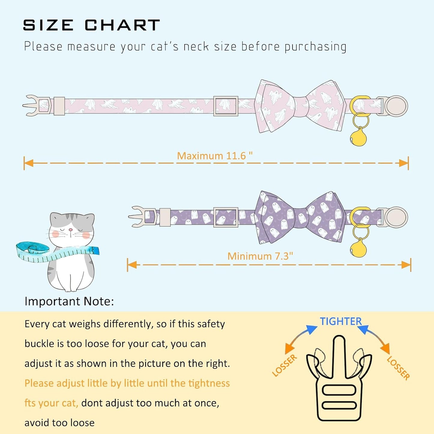 Faygarsle 2 Pack Halloween Ghost Pattern Cat Collar with Bow Tie and Bell, Breakaway Safety Buckle, Pink and Purple