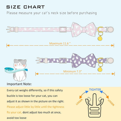 Faygarsle 2 Pack Halloween Ghost Pattern Cat Collar with Bow Tie and Bell, Breakaway Safety Buckle, Pink and Purple