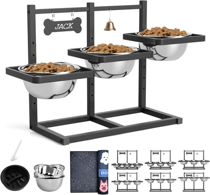 Elevated Dog Bowls for Large Dogs, 6 Height Adjustable Raised Stand with Mat, Slow Feeding Bowl and Three 1700ML Bowls, for Large Breed and Multi-Pet Households
