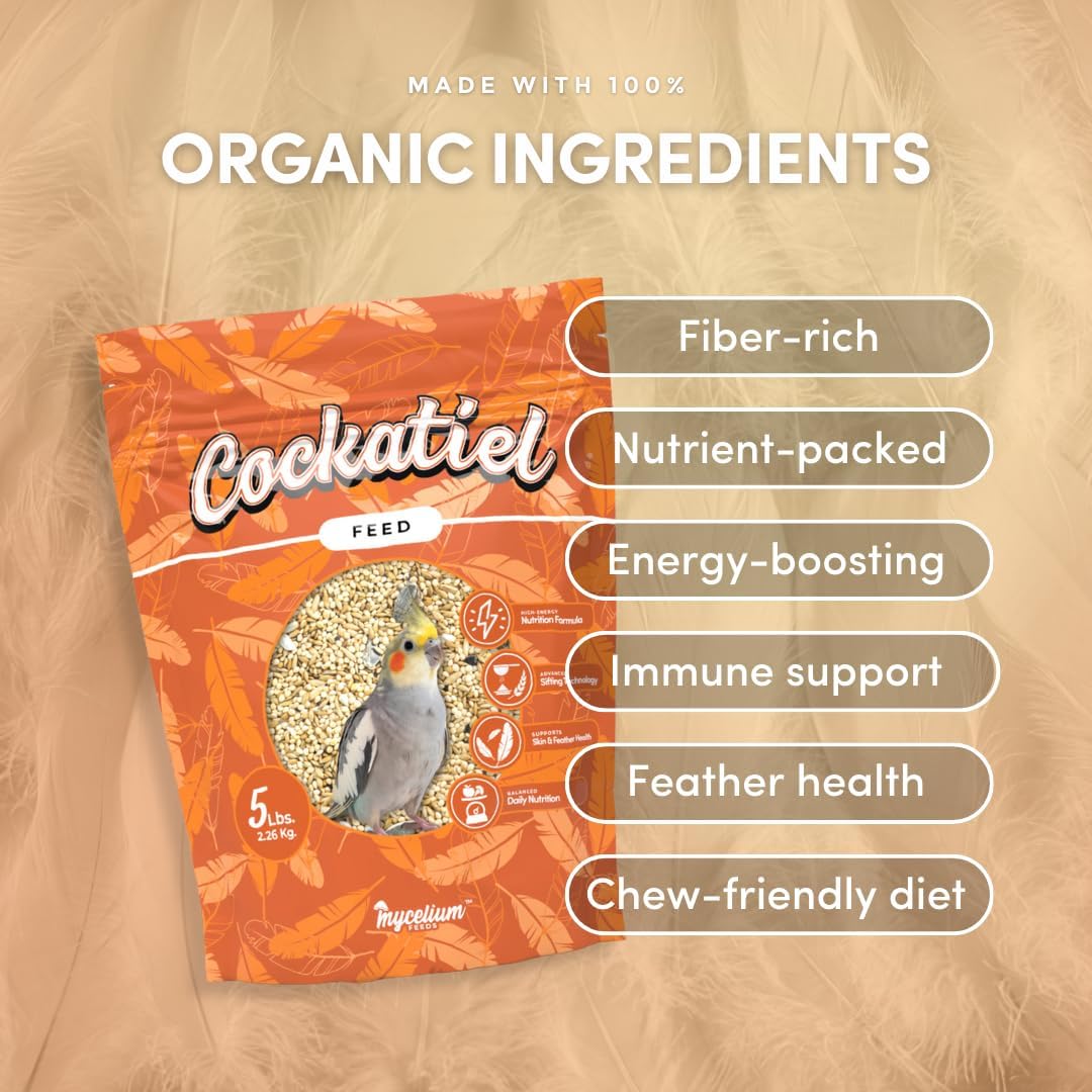 Mycelium Cockatiel Bird Food (5 LB Bag) | Organic Bird Seed for Cockatiels & Small Birds | Supports Feather Shine & Daily Energy | Premium Dust-Free Blend | Non-GMO & USA Made