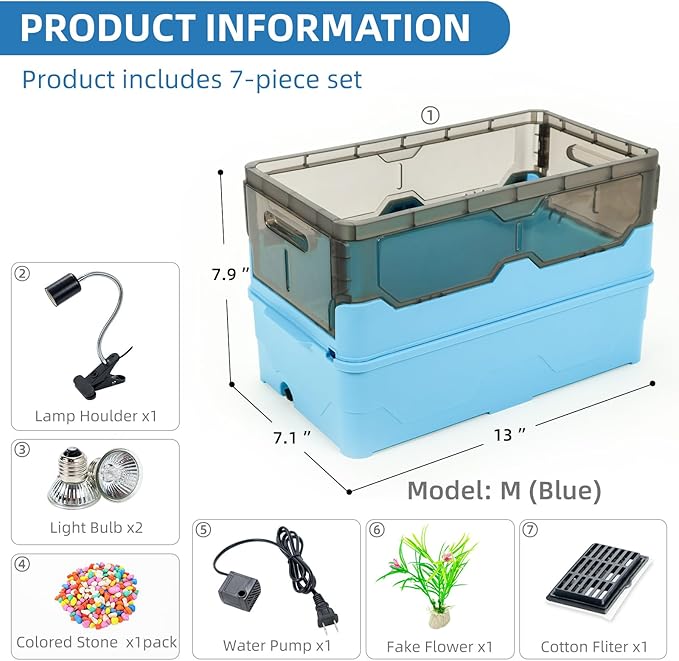 Turtle Tank kit with Filter+Water Pump+Heat lamp, Wheels, Easy to Move, Imitate The Natural Flows, Suitable for Small Turtle Horned Frog Hermit (M, Blue)