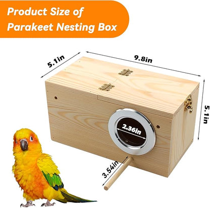 PINVNBY Wooden Bird Nesting Box with Transparent Visual Window,Parakeet Nest Breeding Box with Detachable Board Acrylic Cockatiel House for Budgie Lovebird Conure Parrot (L)
