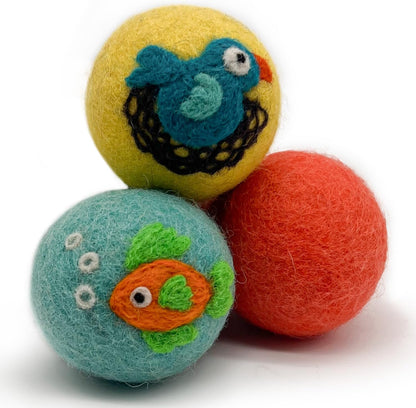 Hustle & Blush Wool Felt Balls - 3 Pack Love Ewe Pet Supplies – 2in Colorful & Durable Cat Toys Handmade from New Zealand, Ideal for Indoor Play and Mental Stimulation – Fish & Bird Design