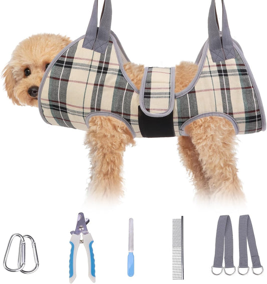 BEAUTYZOO Dog Grooming Hammock for Small Dogs Cat- Dog Sling for Nail Trimming/Clipping- Dog Hanging Harness Holder with Thick Fabric Neck Support & Strap Restraint Claw Care, Beige XS