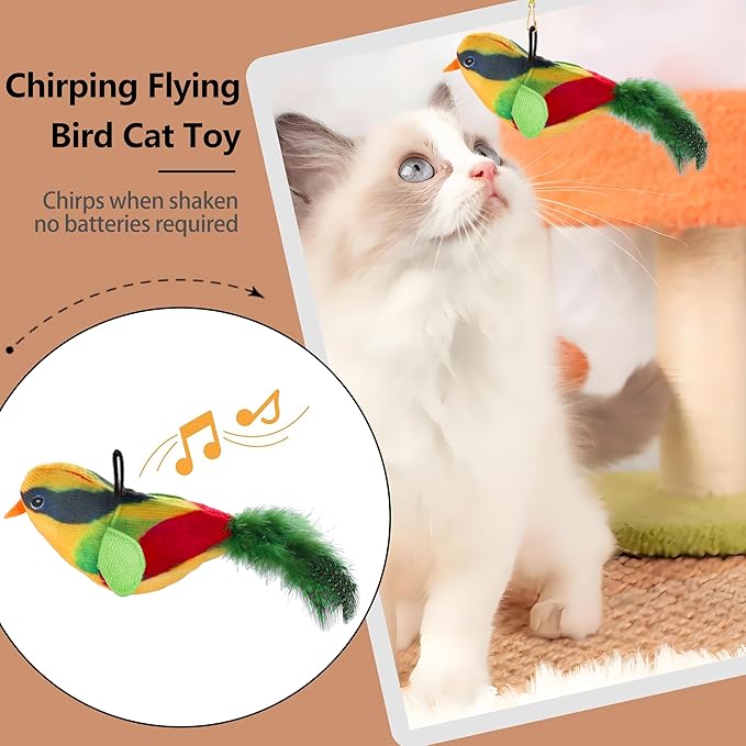 Interactive Bird Cat Toy,1Pcs Interactive Chirping Bird Cats Feather Toys and 2Pcs Birds Cat Feather Toys Replacement for Indoor Cats