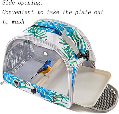 Small Bird Carrier Cage with Standing Perch & Tray Portable & Breathable Pet Travle Transport Carry Bag with Shoulder Strap for Vet Visit & Outdoor Walking (Printed)