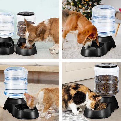 2 Pack Automatic Cat Feeder and Water Dispenser in Set Pet Food Bowl for Small Medium Dog Pets Puppy Kitten Big Capacity 1 Gallon x 2 (Dark Black)