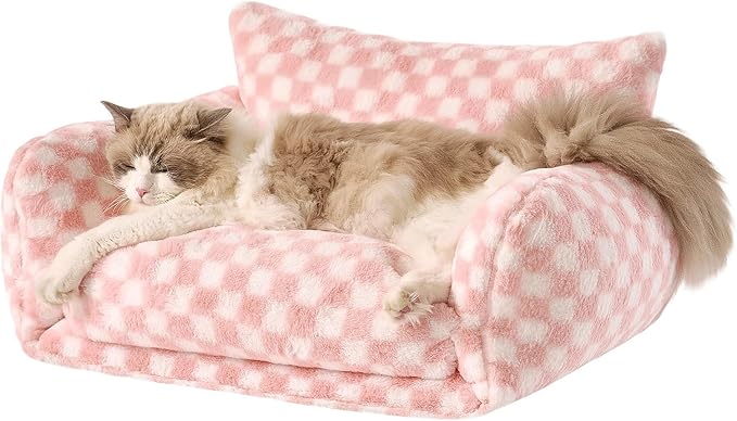 Hollypet Cat Bed Fluffy Plush Mutifuctional Double-Layer Soft Pet Couch Orthopedic Sofa Nest Beds for Small Cats and Dogs, Pink and White (25x20x13 inch)