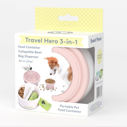 Sweet Paws Travel Hero 3-in-1 Portable Pet Food Container, Silicone Water Bowl, and Poop Bag Dispenser in One, Blush Pink