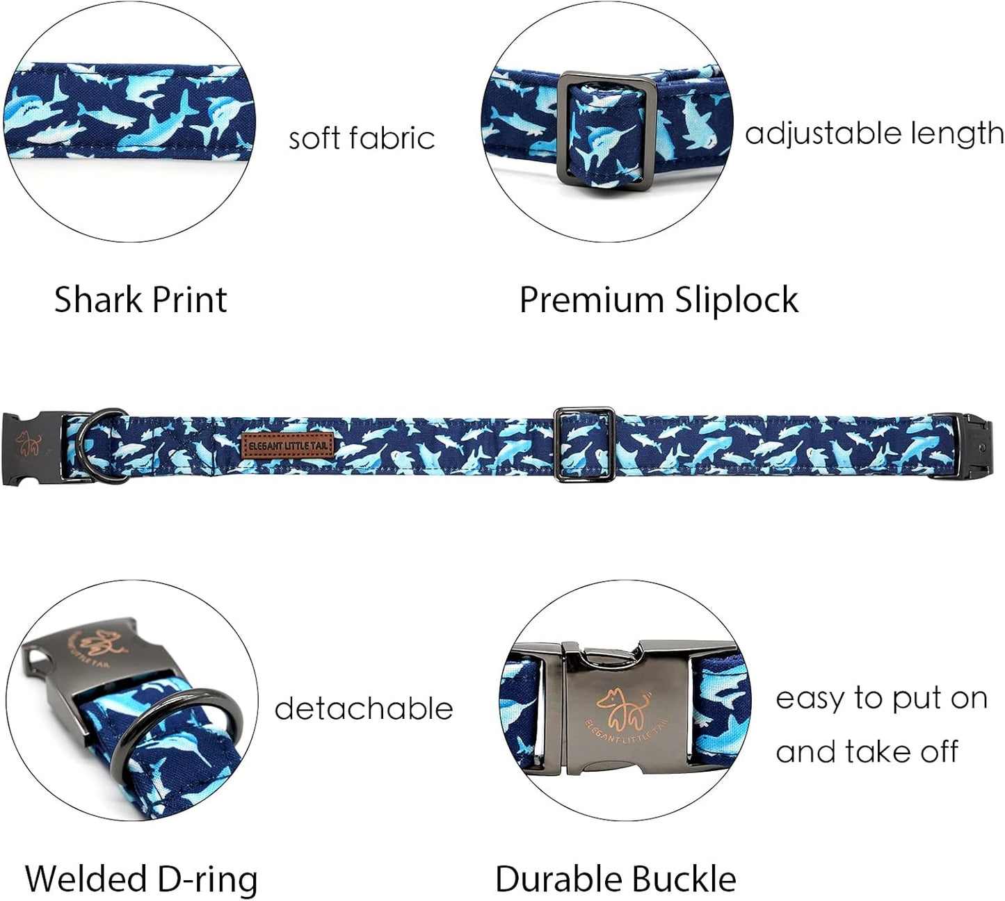 Elegant little tail Dog Collar, Blue Shark Pattern Pet Collar Durable Cute Dog Collars Male or Female Pet Gift Adjustable Dog Collar for Large Dogs