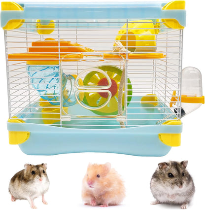 Hamiledyi Portable Hamster Cage 2 Layers Dwarf Hamster Habitat Small Animal Travel Cage with Exercise Wheel Hamster Enclosure Mouse Cage for Hamsters Mice Gerbils or Other Tiny Pets