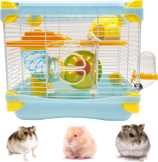 Hamiledyi Portable Hamster Cage 2 Layers Dwarf Hamster Habitat Small Animal Travel Cage with Exercise Wheel Hamster Enclosure Mouse Cage for Hamsters Mice Gerbils or Other Tiny Pets