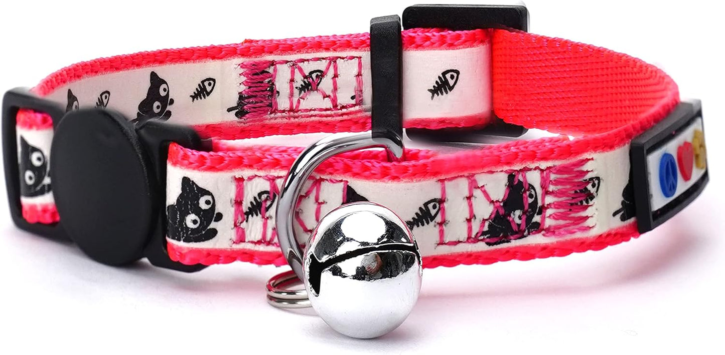 Pawtitas Pet Glow In The Dark Cat Collar with Safety Buckle and Bell Pink Lucky