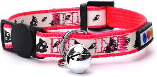Pawtitas Pet Glow In The Dark Cat Collar with Safety Buckle and Bell Pink Lucky