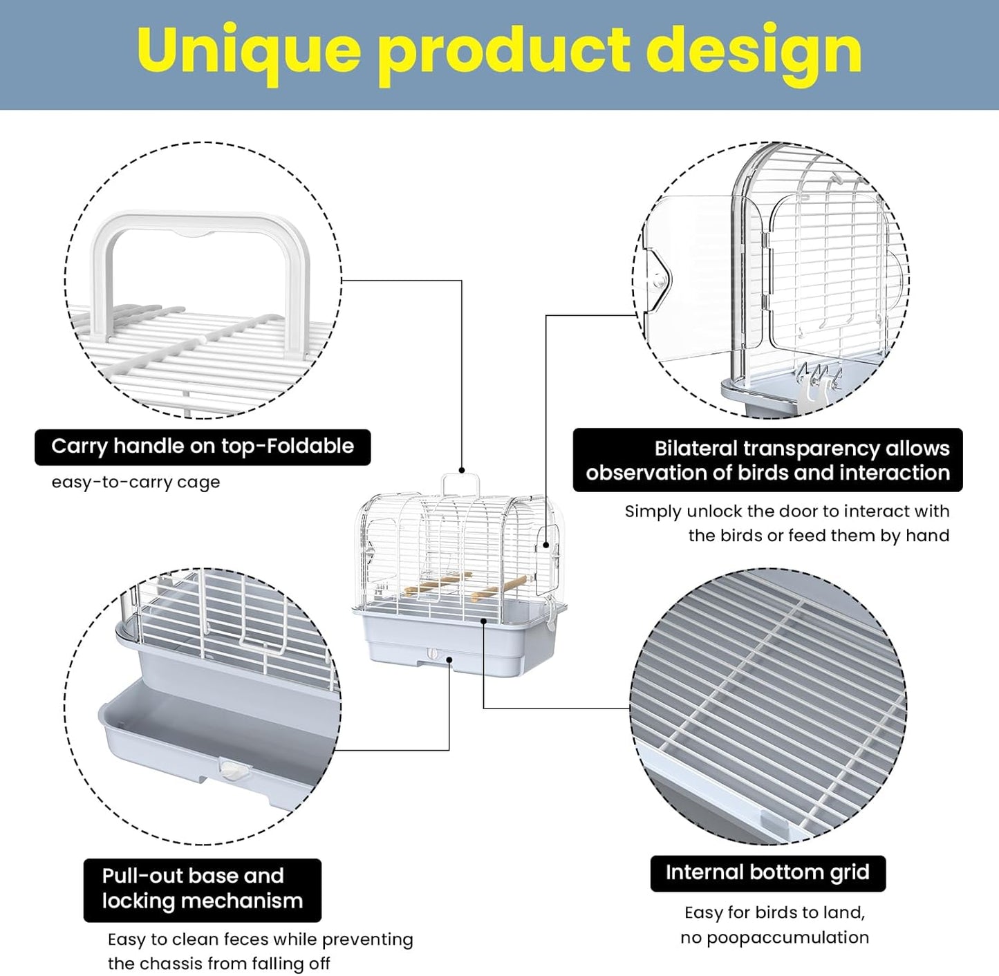 Travel Bird Carrier Cage,Transparent Parakeet Cage,Small Portable Bird Cage with Feeder Cups & Standing for Canaries Budgies Lovebirds Conures Cockatiels