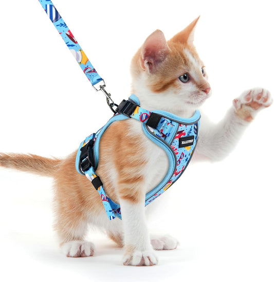 Halypet Cat Harness and Leash Set for Walking, Escape Proof Adjustable Vest Harness with 3-in-1 Integrated Buckles, Easy Control Soft Breathable Mesh with Reflective Strips for Cats, XS, Azure Blue