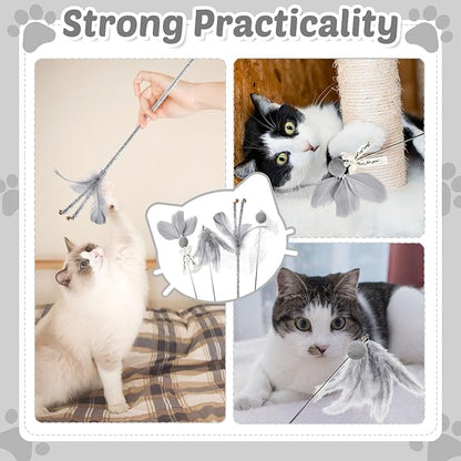Interactive Cat Toys - 4-in-1 Cat Teaser Wand Toy and Feather Toys Refills for Indoor Cats to Chase and Exercise Design for Large and Small Cats