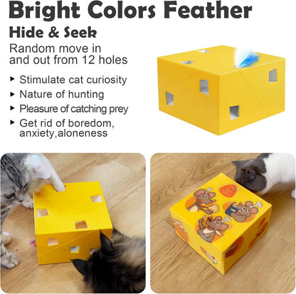 Migipaws MigiBox Cat Toy with PopSkin, Interactive Kitten Toy for Indoor Cats, Automatic Pop Out Feathers from 12 Holes Randomly, Pounce Mystery Under Cover to Stimulate Bored Furry, Rechargable