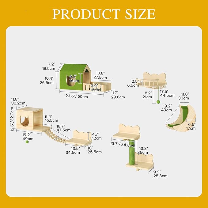 DWVO Cat Wall Shelves and Perches for Wall, Solid Wood Wall Mounted Cat Furniture, Set of 14 Cats Climbing Shelves for Large Cats with Green Wall House & Fence, Steps, Bridge Ladder, Scratching Posts