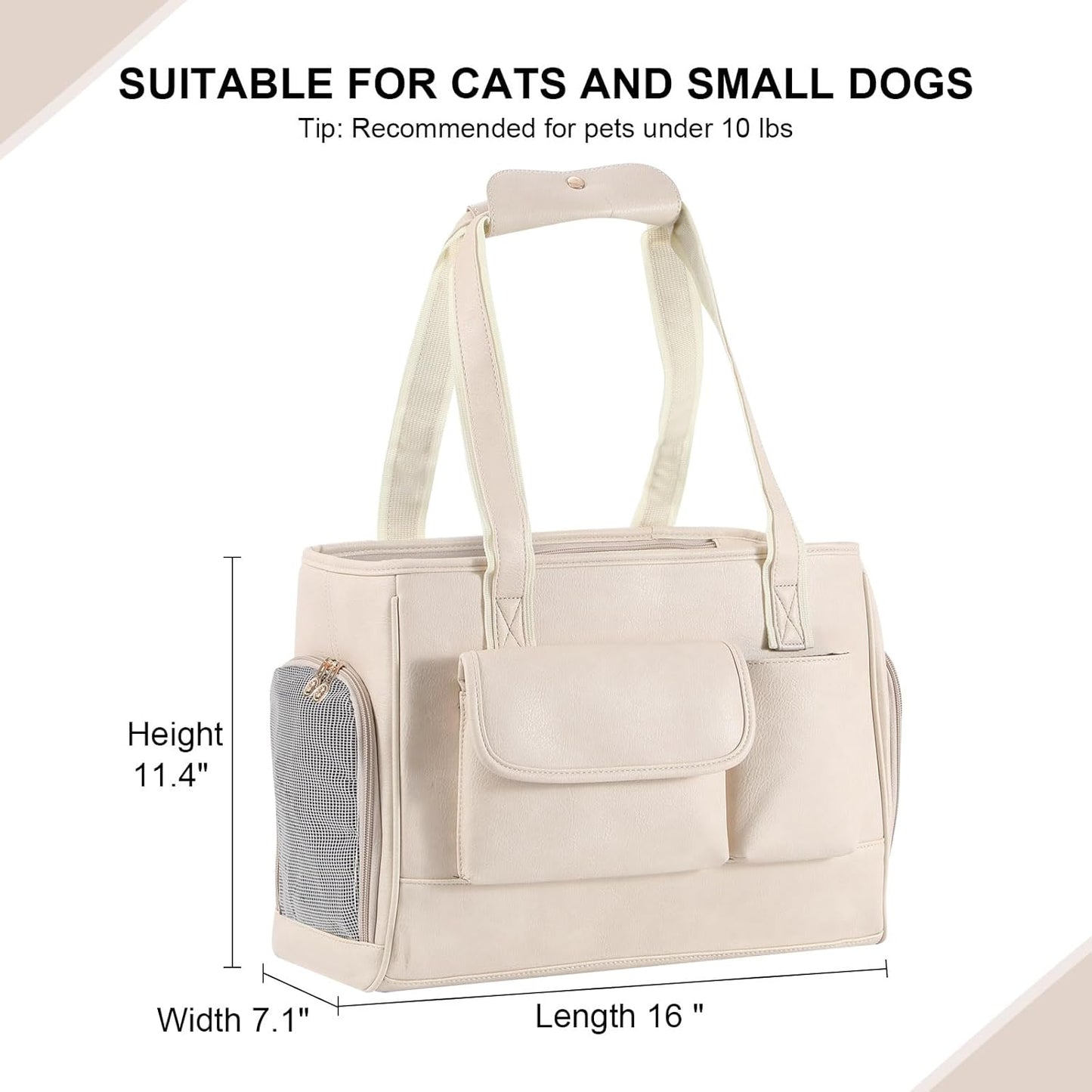 Dog Carrier Purse, Fashion Leather Pet Carrier Bag, Airline Approved Soft Sided Cat Travel Tote Bag with Pockets White