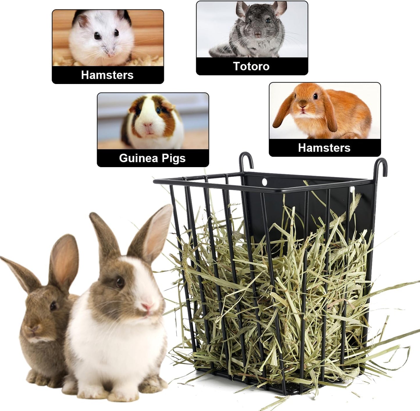 Upgrades Rabbit Hay Feeder - Guinea Pig Hay Feeder - Metal Frame Hay Rack with Adjustable Hook - Less Wasted - for Guinea Pigs - Chinchilla Bunny Cage Accessories - Bunny Feeder