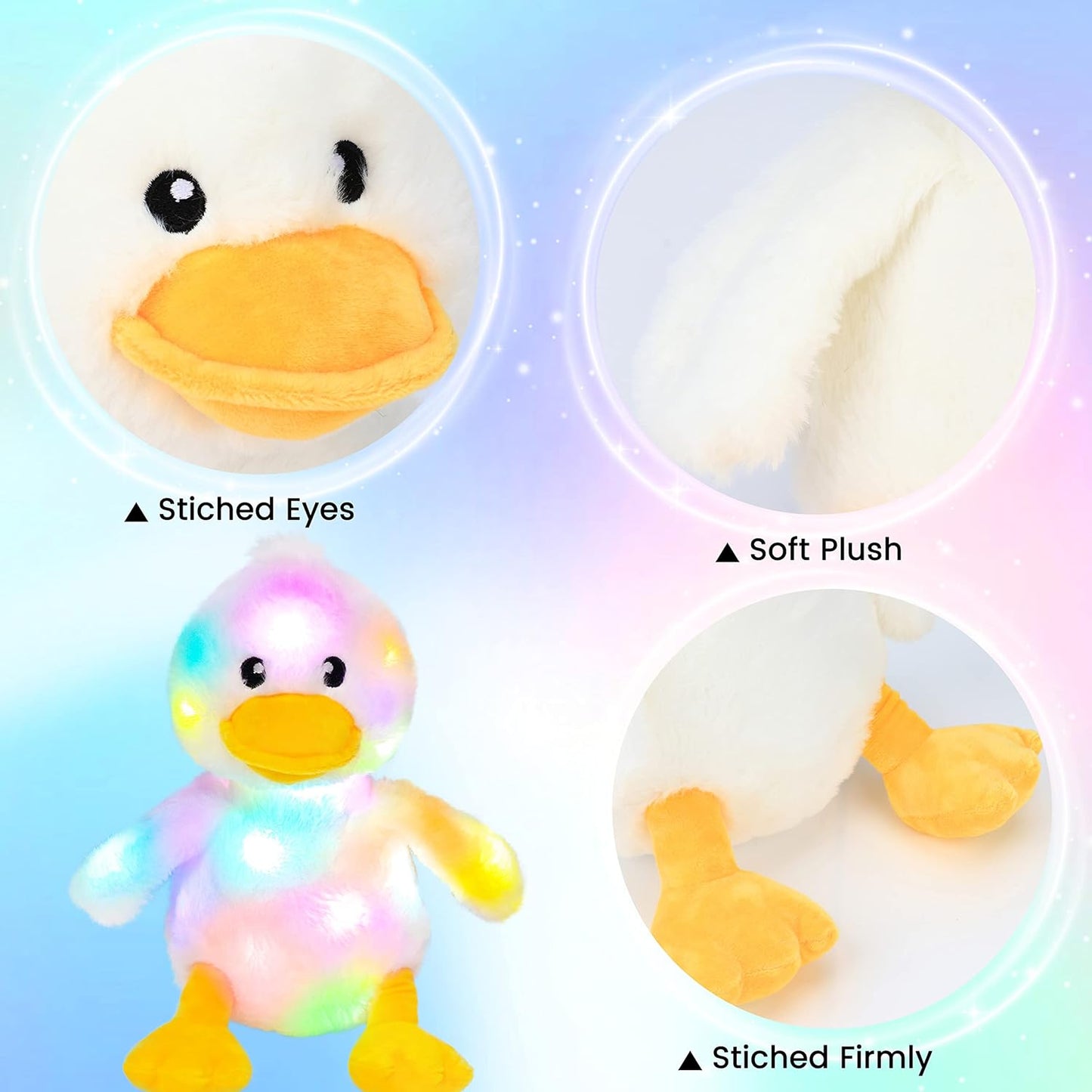 Hopearl Easter LED Plush Duck Light up Stuffed Duckling Farm Animal Floppy Night Lights Glow in The Dark Birthday Gifts for Kids Toddler Girls, White, 12''