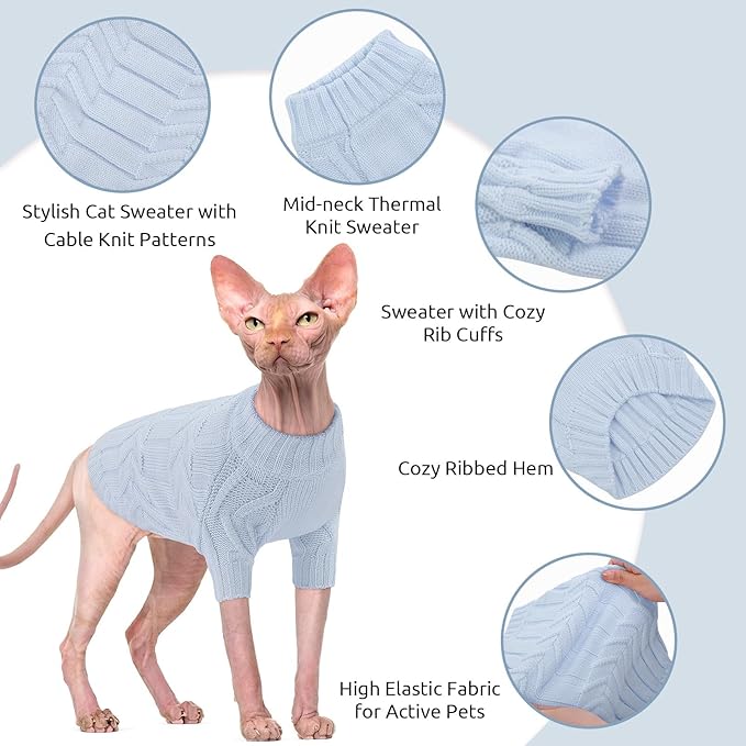 ASENKU Cat Sweater Soft Warm Puppy Clothes Knitwear for Kittens & Small Dogs, Thick Knitted Sweater for Sphynx Hairless Cats Teacup Chihuahua and Extra Small Dogs (Blue, XL)