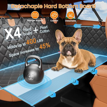 Leather Back Seat Extender for Dogs, Waterproof Dog Car Seat Covers for Back Seat with Hard Bottom, Dog Hammock for Car SUV and Truck（With Anti Scraatch Mesh Window and Retractable Belt Harness)
