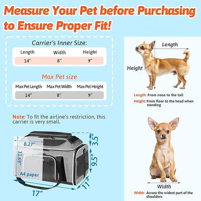 Petskd Top-Expandable Pet Carrier 17x11x9.5 Inches Alaska Airline Approved, Soft-Sided Carrier for Small Cats and Dogs with Locking Safety Zippers and Anti-Scratch Mesh(Grey)