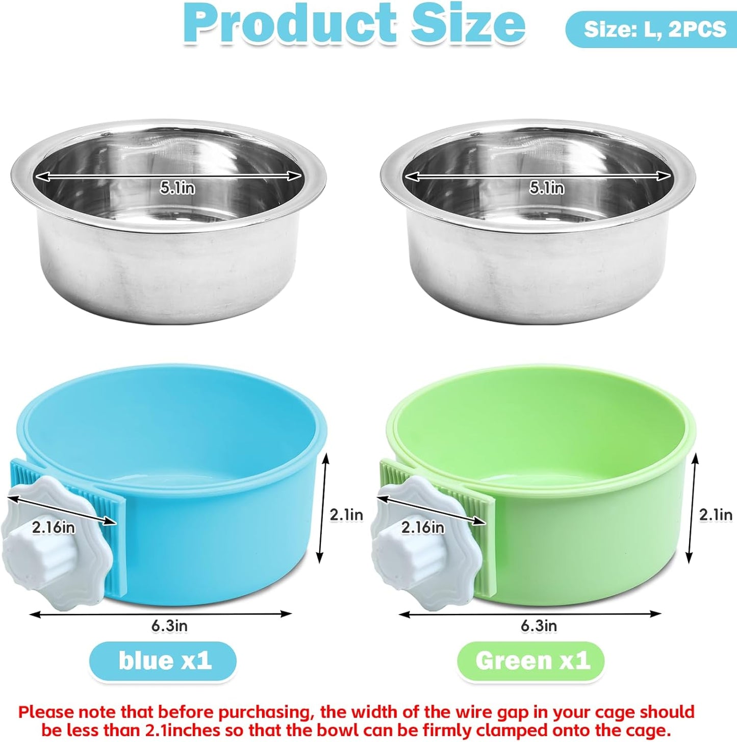 kathson Crate Dog Bowl 2pcs, Removable Stainless Steel Hanging Pet Kennel Cage Bowl Food & Water Feeder Coop Cup for Puppy, Cat, Rabbit, Guinea Pigs (2 PCS, Size: L, Blue and Green)