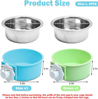 kathson Crate Dog Bowl 2pcs, Removable Stainless Steel Hanging Pet Kennel Cage Bowl Food & Water Feeder Coop Cup for Puppy, Cat, Rabbit, Guinea Pigs (2 PCS, Size: L, Blue and Green)