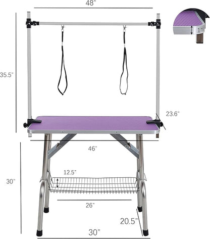46" Dog Grooming Table Foldable Pet Grooming Tables with Adjustable Arm Noose Storage Mesh Tray Maximum Capacity Up to 330lbs Purple