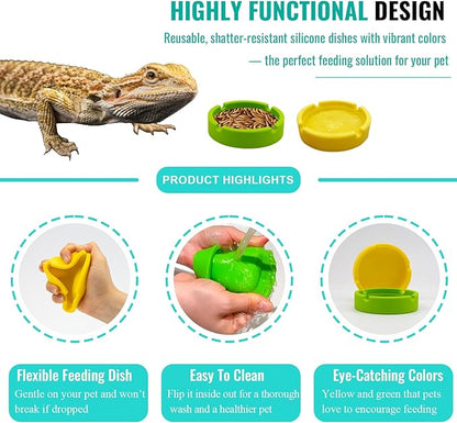 2 Pack Reptile Feeding Bowl, Silicone Reusable Crested Gecko Food and Water Dish, Bearded Dragon Tank Accessories for Lizard, Hermit Crab, Chameleon and Tortoise, Easy to Clean