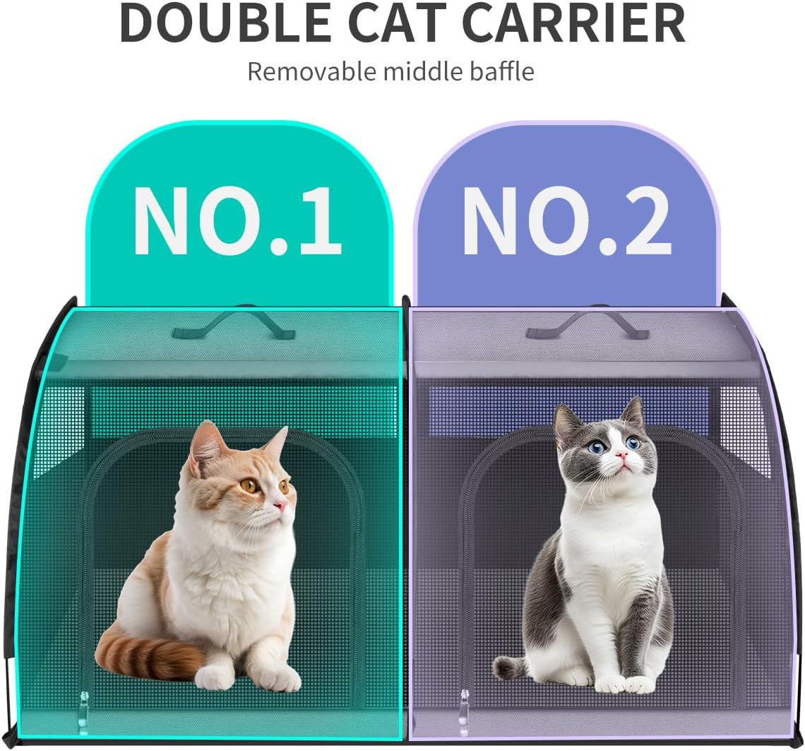 Double Cat Car Travel Carrier, Twin Compartment Show House Cat Cage/Condo，Portable Pet Crate for 2 Cats Travel Double Dog Crate Set for Long Distance Travel