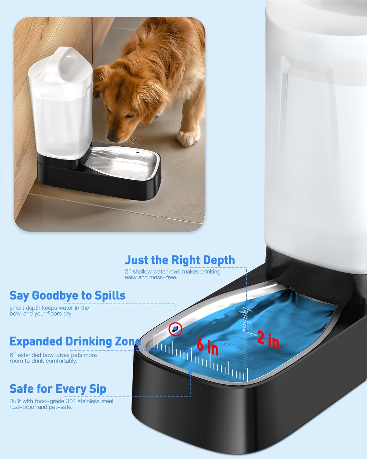 Automatic Dog Water Bowl Dispenser - 2.4 Gal Large Gravity Auto Pet Water Feeder Fountain Waterer with Stainless Steel Bowl & Easy Carry Handle for Large Dog Cat Multi Pet Use, BPA Free, No Leakage