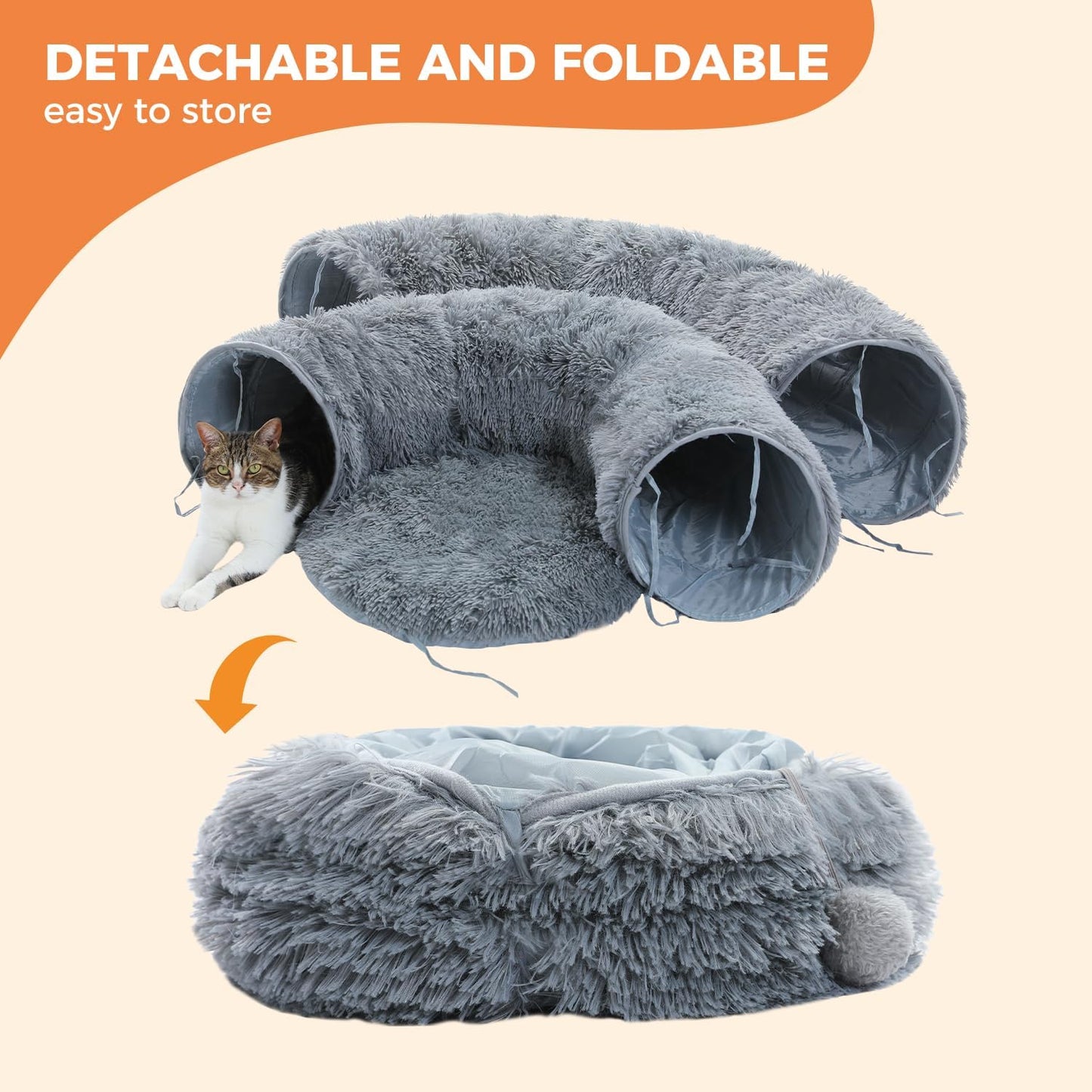 PAWZ Road Large Cat Tunnel, Cat Tunnel Bed with Central Soft Mat and Dangling Balls, Collapsible Fluffy Plush Cat Tube (9.8 Inches in Diameter) for Indoor Cats, Rabbits and Puppies