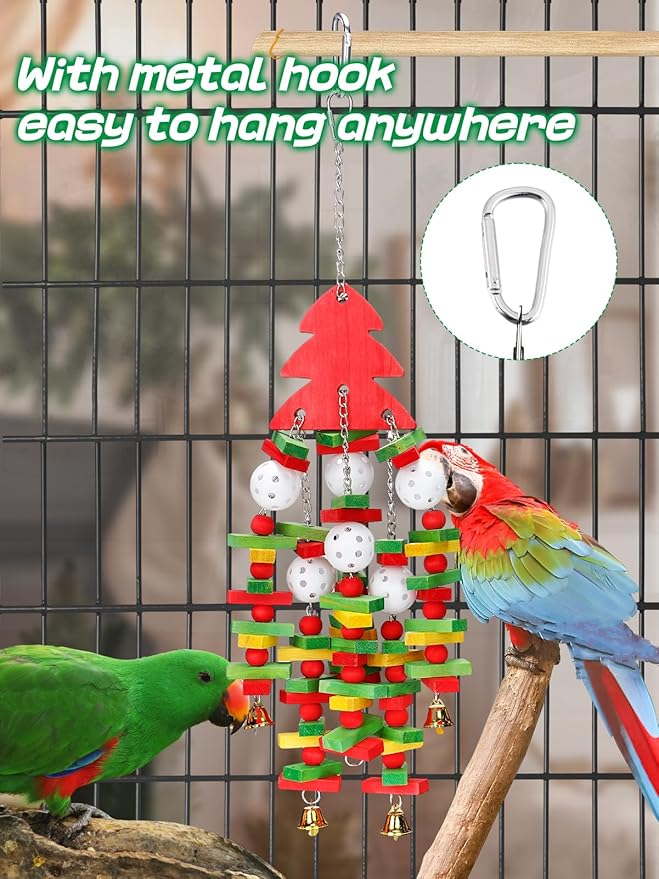 MEWTOGO Christmas Large Bird Toy - Natural Wooden Parrot Chewing Toy With Colorful Edible Blocks for Macaw African Grey Amazon Parrots, Xmas Gifts Bird Playing (Red)