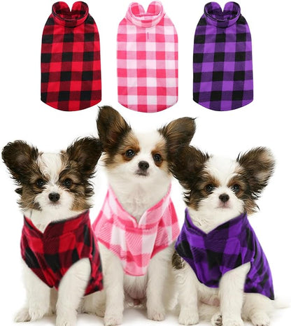 Kama Bridal 3 Pack Dog Coat - Spring, Autumn, Winter - Fleece Vest for Cats & Small/Medium Dogs - Red, Pink, Purple Plaid (XXXS)
