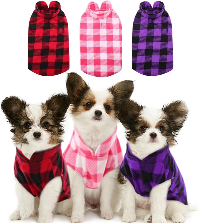 Kama Bridal 3 Pack Dog Coat - Spring, Autumn, Winter - Fleece Vest for Cats & Small/Medium Dogs - Red, Pink, Purple Plaid (L)
