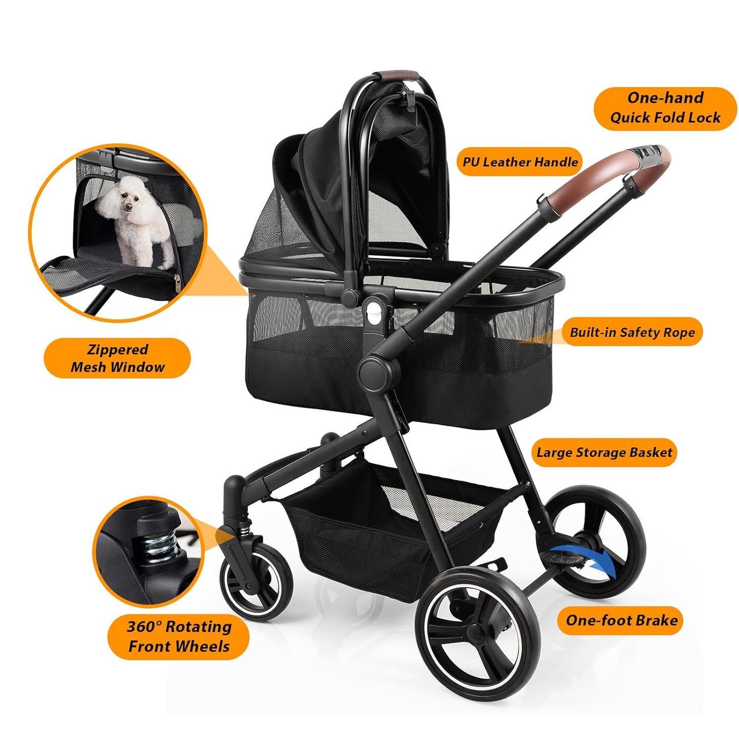 Foldable Dog Stroller, 3 in 1 Pet Stroller for Small Medium Dog Cat up to 50lbs, Detachble Portable Pet Bag, Storage Basket and One-Button Folding Frame