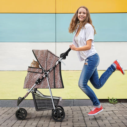 MoNiBloom 3 Wheels Pet Dog Cat Stroller for Small Medium Dogs Cats, Lightweight Foldable Jogger Stroller w/Storage Basket & Cup Holder, Leopard Print