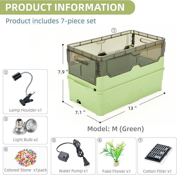 Turtle Tank kit with Filter+Water Pump+Heat lamp, Wheels, Easy to Move, Imitate The Natural Flows, Suitable for Small Turtle Horned Frog Hermit (M, Green)