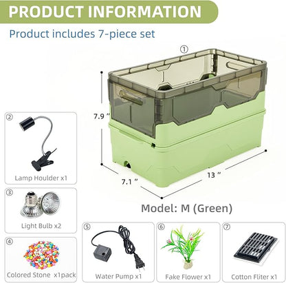 Turtle Tank kit with Filter+Water Pump+Heat lamp, Wheels, Easy to Move, Imitate The Natural Flows, Suitable for Small Turtle Horned Frog Hermit (M, Green)