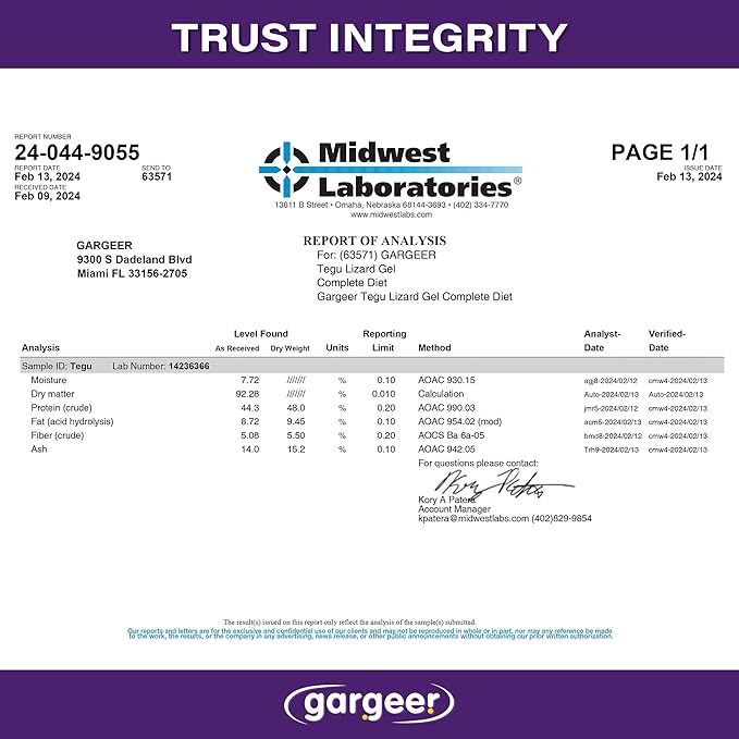 3oz Tegu Lizard Food. Complete Gel Diet for Both Juveniles and Adults. Proudly Made in The USA, Using Premium Ingredients, Fortified Gourmet Formula. Enjoy!